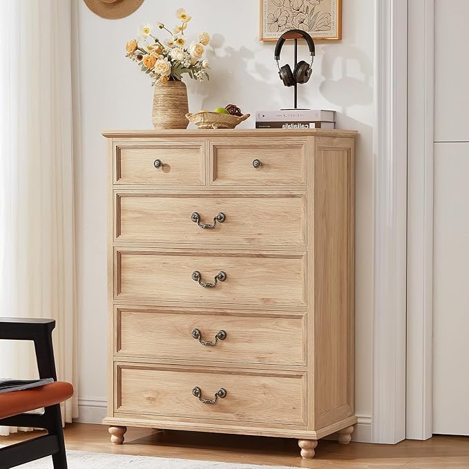 Farmhouse 6 Drawer Dresser Set of 2 for Bedroom, 42" Tall Rustic Chests of Drawers w/ 4 Solid Wood Feet, Mid Century Vintage Wooden Closet Storage Dressers Organizer for Living Room,Natural