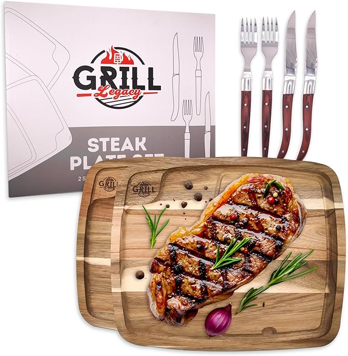 Grill Legacy Wooden Steak Plate Set (2 pack) - Complete Steak Plate for Eating with Premium Steak Knives and Forks - The Ultimate Gift for Steak Lovers.