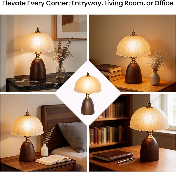 13“ Mid-Century Modern Small Table Lamp, Vintage Scalloped Frosted Glass Bedside Lamp for Bedroom Living Room, Solid Walnut Wood Style Base 3-Color Dimmable LED, Aesthetic Decor Gift