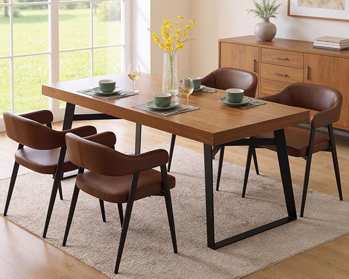 HNY Modern Dining Room Arm Chairs Set of 2, Retro Faux Leather Upholstered Barrel Dining Chairs with Arms Mid-Century Brown Accent Chair with Metal Legs, Open-Back Kitchen Side Chair for Living Room