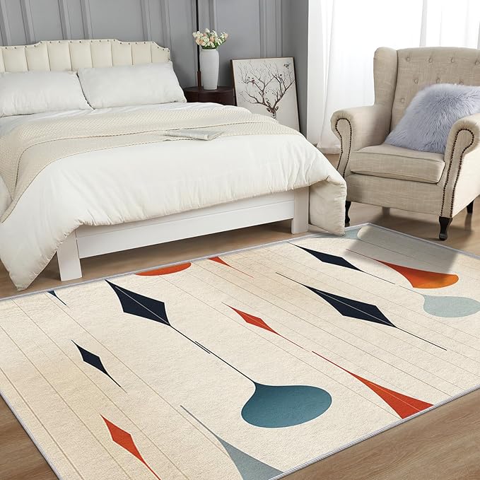 Mid Century Rugs for Living Room 5x8, Retro 50s Geometric Abstract Modern Pattern Design Area Rug, Mid Century Bedroom Decor Carpet, Non Slip, Washable (RG419)