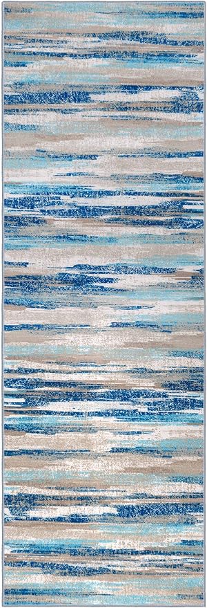 Lansny Modern Abstract Runner Rug 2.6x12, Blue Washable Long Kitchen Runner Non-Slip Soft Hallway Rug Runner Thin Print Faux Wool Carpet for Entryway Bedroom Laundry Room Indoor Home Decor