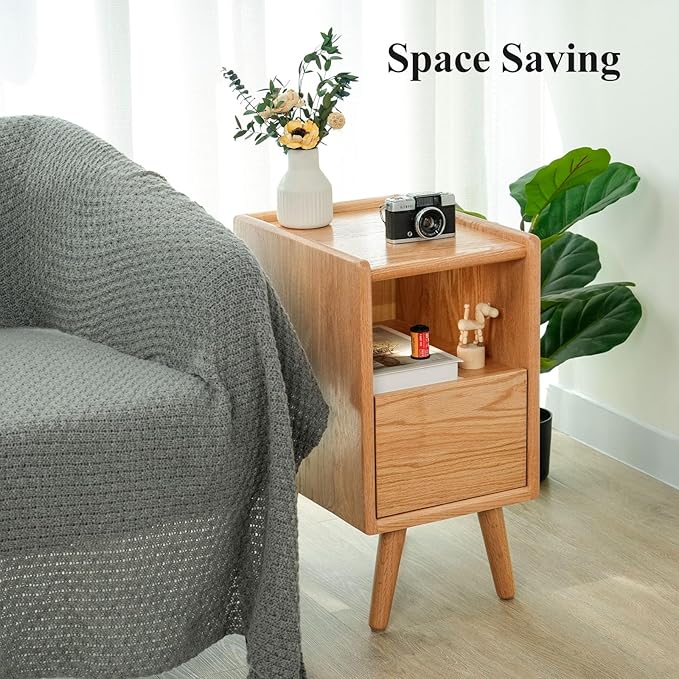 Night Stand, Solid Wood Nightsatnd with One Drawer & Open Shelf, Mid Century Modern Nightstand, Durable & Sturdy Small End Table, 11.81 W x 15.75 D x 22.05 H Inches, (Natural)
