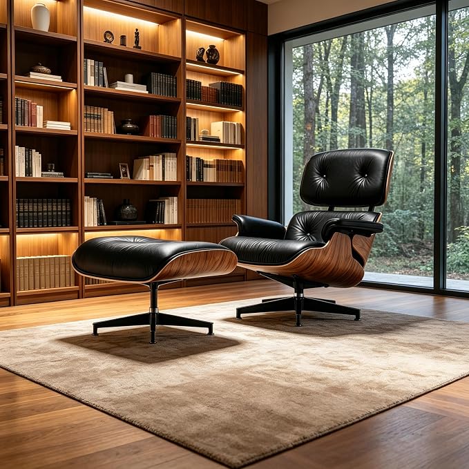 Mid Century Chaise Lounge Chair with Ottoman, Modern Retro Classic Design, PU Leather & Walnut Wood, Heavy Duty Metal Support, Comfortable for Living Room Bedroom Office(Black-Premium)
