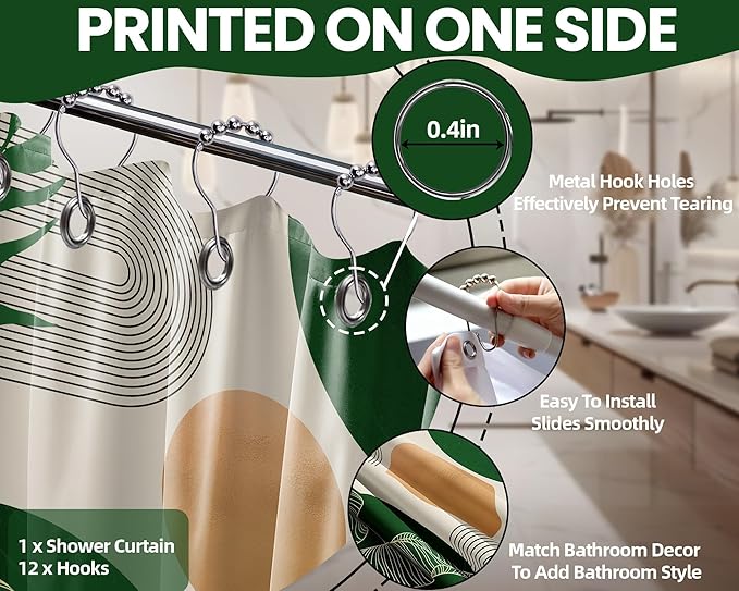 Dark Green Shower Curtain Olive Green Emerald Mid Century Modern Shower Curtains for Bathroom Decor Boho MCM Neutral Bath Curtain Set, Waterproof Fabric with Hooks 70 x 72 Inch