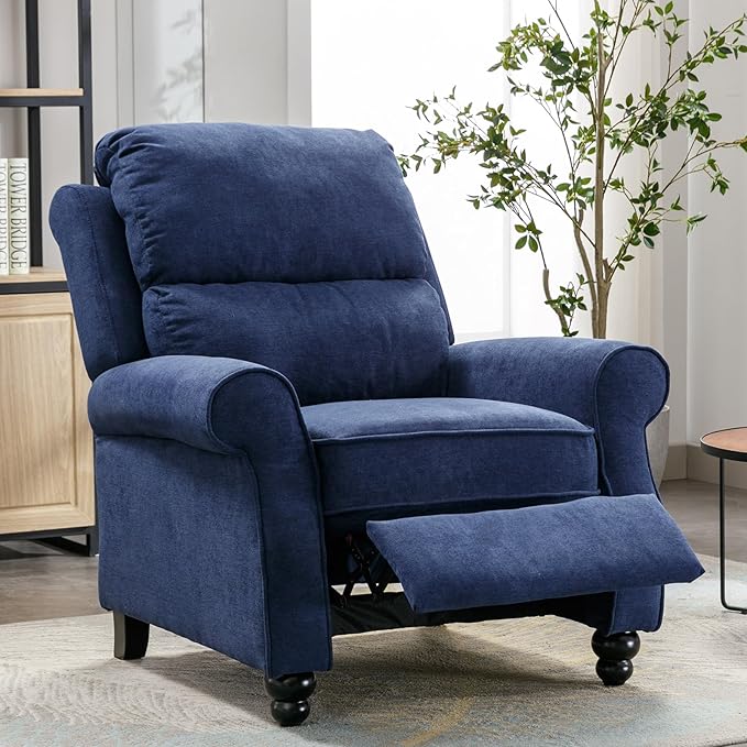 Push Back Recliner Chair, Fabric Armchair Overstuffed Pushback Recliner, Heavy Duty Single Sofa Chair with Padded Seat Solid Wood Legs for Living Room (Blue)