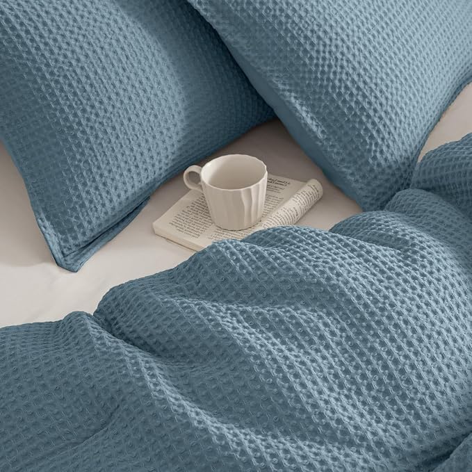 PHF Ultra Soft Waffle Weave Comforter Set King Size, 3 Pieces Lightweight Breathable Comfy Bedding Set, Comfy Textured 1 Comforter with 2 Pillow Shams, Stormy Blue