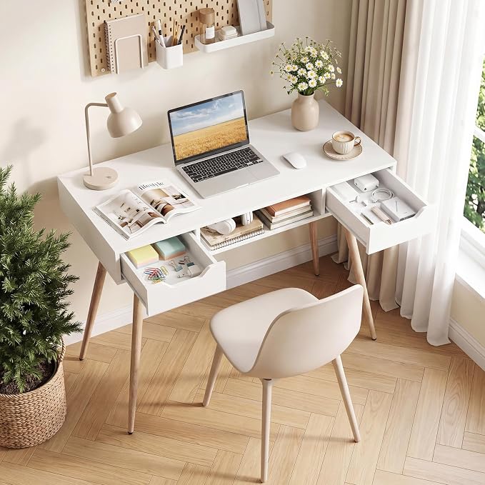 Giantex White Computer Desk with Drawers, 42.5" Minimalist Mid Century Modern Vanity Writing Desk with Open Storage Cubby & Metal Leg, Compact Wooden Study Table for Small Spaces Home Office (White)