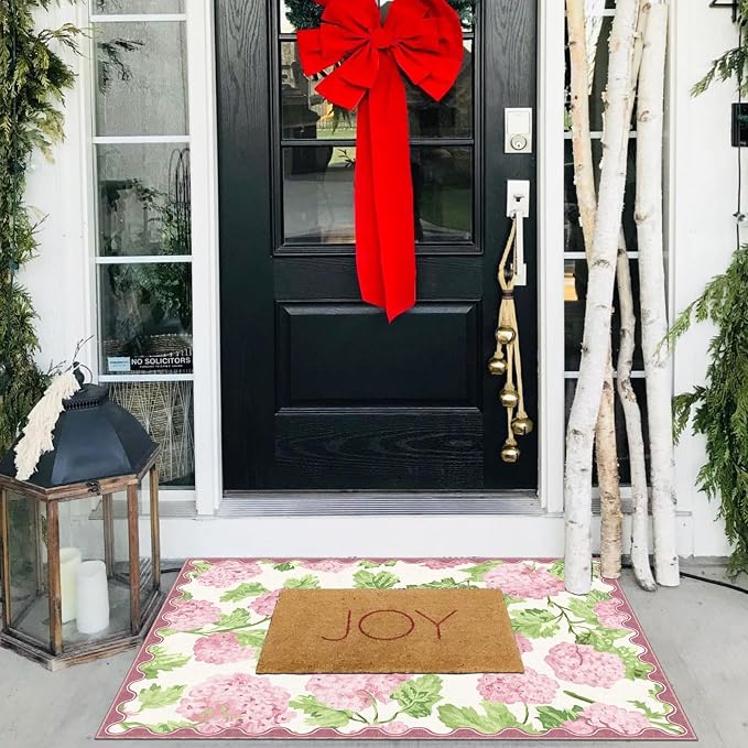 Front Door Mat Outside Entrance - 2x3 Boho Pink White Non-Slip Washable Doormat Indoor Outdoor Entrance Floral Rug Small Throw Rugs for Entryway Bedroom Kitchen Front Laundry Room Porch Decor