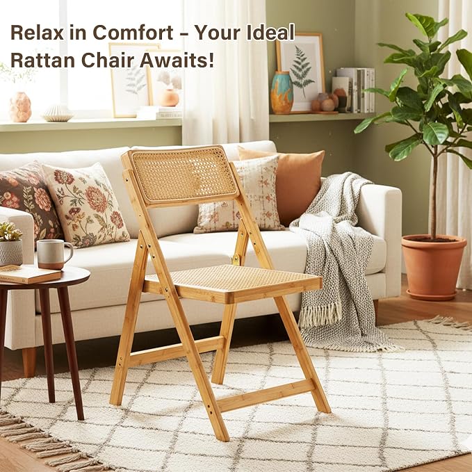 Furlide Rattan Folding Chair, Modern Mid Century Dining Chair Set of 1, Outdoor Bamboo Chairs for Bedroom Living Room Reading Room Dining Kitchen, Wood
