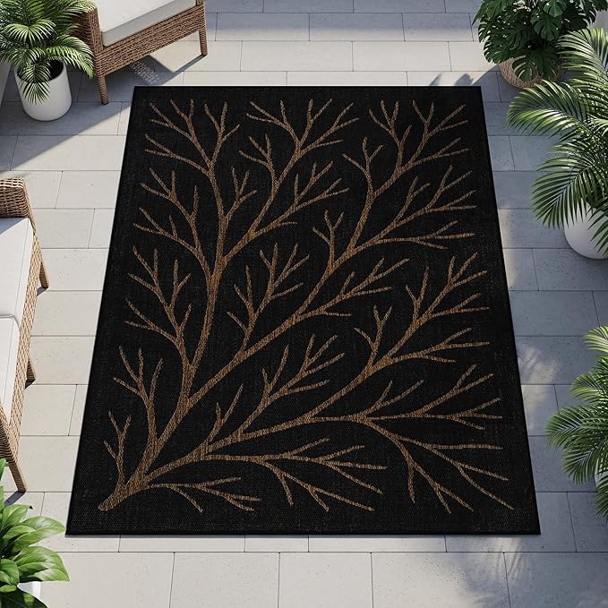 Washable Indoor Outdoor Rug 5x7 Modern Area Rugs Branch Pattern Non Shedding Waterproof Easy Clean Patio Deck Porch Living Room Bedroom Garden RV (5 X 7 Gold)