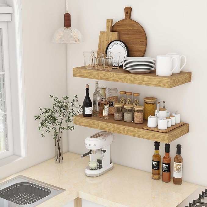 30 Inch Floating Shelves | 12 Inch Deep Oak Floating Shelves Set of 2 | 30" W x 12" D Rustic Wood Shelves for Wall | Deep Oak Shelves for Living Room Bathroom Laundry Room Kitchen