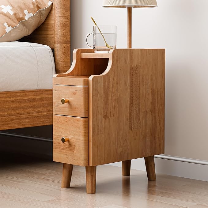 Narrow Nightstand Set of 2, 19.7" H Pre-Assembled Solid Wood Small Skinny Night Stand with Drawers, Open Sliding Shelf, Mid Century Modern Slim Bedside Table for Bedroom, End Side Table, Natural Oak