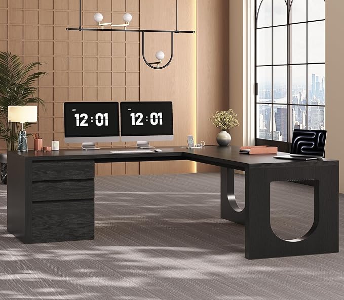 SEDETA 63" L Shaped Desk with 3 Drawers, Modern Executive Office Desk with File Drawer, Wood Corner Computer Desk with U-Shaped Legs & Relief Texture, Home Office Desk with Power Outlet, Black