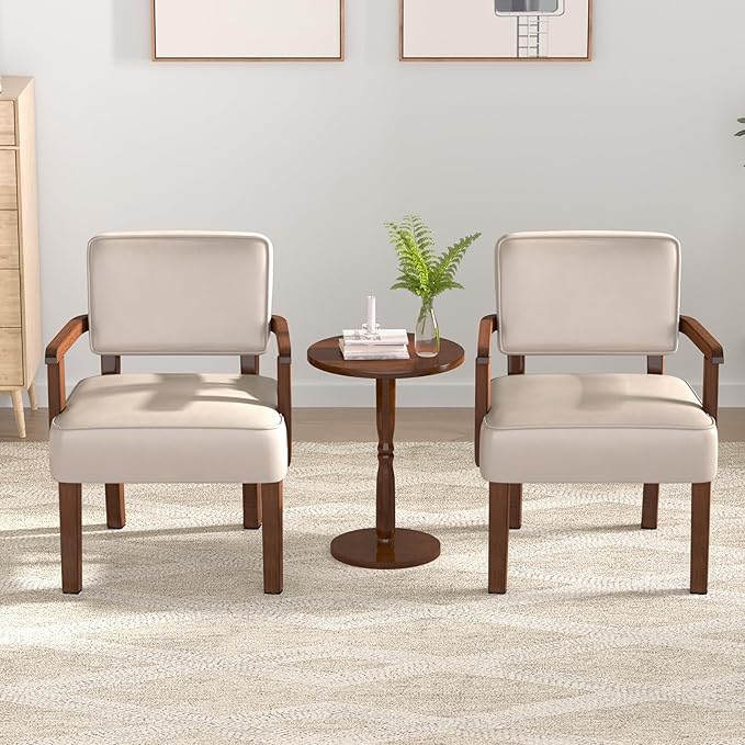 FAGAGA Accent Chair Set of 2 with Table, PU Leather Chair for Living Room Oversized Armchair with Soft Seat and Armrests for Bedroom Dinning Reading Waiting Room (Leather Beige)