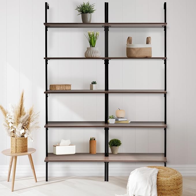 happimess MSH1001C Madera 72.05" Classic Industrial 5-Shelf Wood Wall-Mounted Open Ladder Bookcase with Metal Frame, Brown/Black