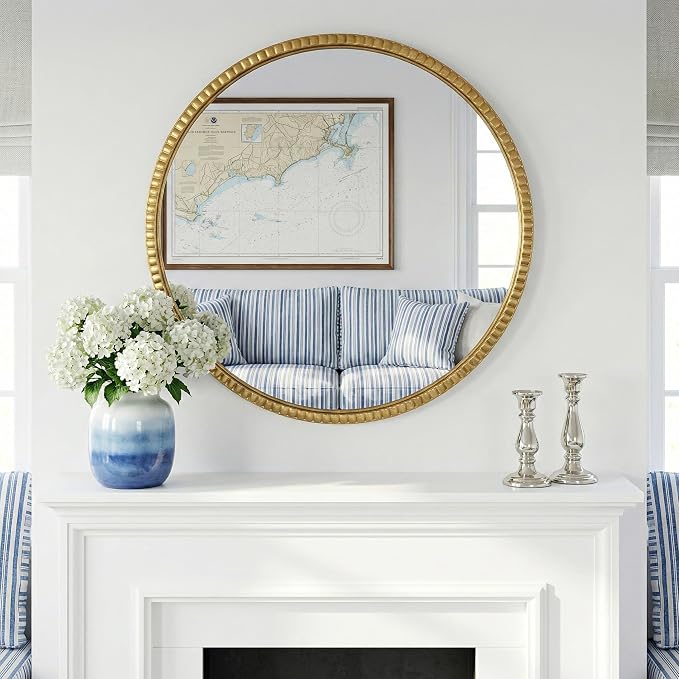 Large Beaded Round Gold Mirror 32" – Metal Frame Circle Wall Mirror, Simple Modern Accent Mirror for Bathroom, Vanity, Entryway, Living Room