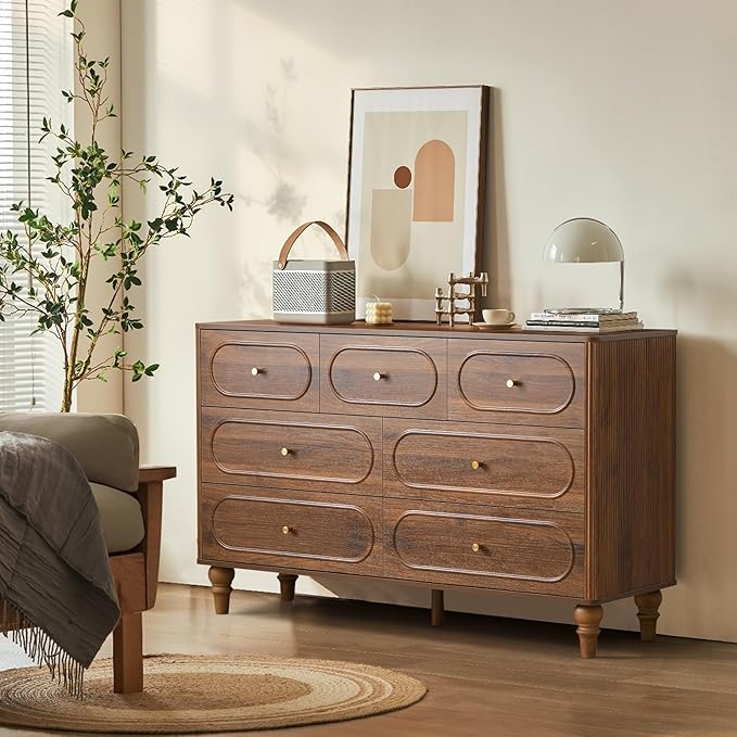 ORRD Fluted 7 Drawer Dresser for Bedroom, Mid Century Modern Chest of Drawers, Wood Storage Large Dresser Organizer for Bedroom Living Room Hallway Closet, Walnut