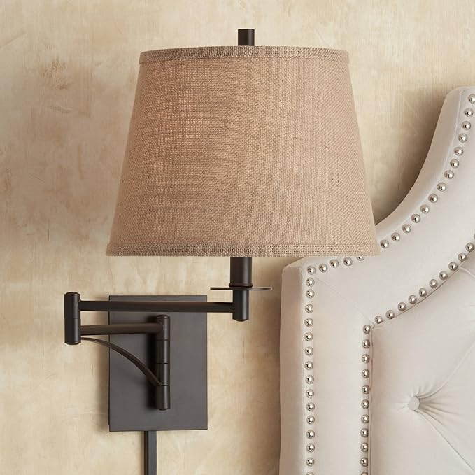 Franklin Iron Works Brinly Farmhouse Rustic Swing Arm Wall Lamps Set of 2 Matte Brown Metal Plug-in 12" Fixture Burlap Hardback Drum Shade for Bedroom Bedside Living Room Hallway Reading