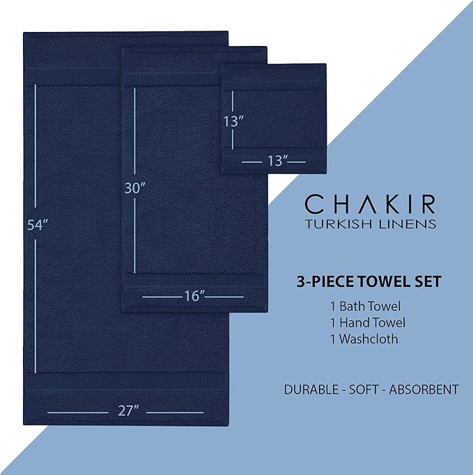 Chakir Turkish Linens | Hotel & Spa Quality 100% Cotton Premium Turkish Towels | Soft & Absorbent (3-Piece Towel Sets, Navy)