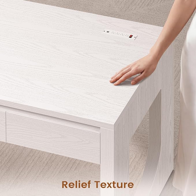 SEDETA 55" Office Desk with 3 Drawers, Modern Executive Desk with U-Shaped Legs, Wood Computer Desk with Power Outlet, Home Office Desks with Relief Texture, White