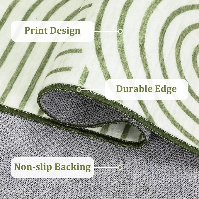 Washable Rug 2x3 Area Rugs for Entryway, Abstract Rug for Bedroom, Soft Rainbow Non Slip Small Area Rug with Rubber Back, Low Pile Stain Resistant Boho Geometric Carpet for Dining Room, Green