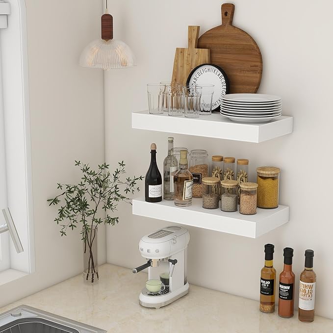 Deep Floating Shelves | 24 Inch White Floating Shelves Set of 2 | 12 Inch Deep Rustic Wood Shelves for Wall | 24" W x 12" D White Shelves for Living Room Bathroom Laundry Room Kitchen
