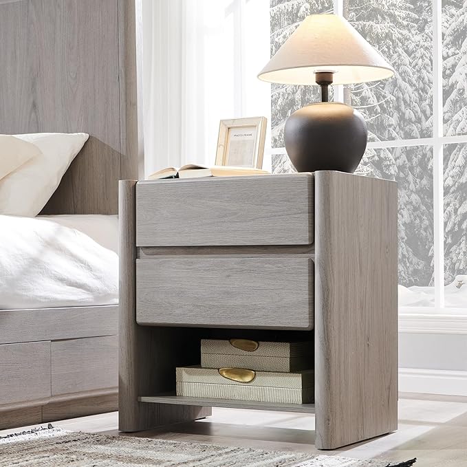 25" Tall Modern Nightstand with Charging Station, 23.6" W Nightstand with 2 Storage Drawers & Open Shelf, Wood Night Stand w/Rounded Corner Design for Bedroom, Living Room (Light Grey)