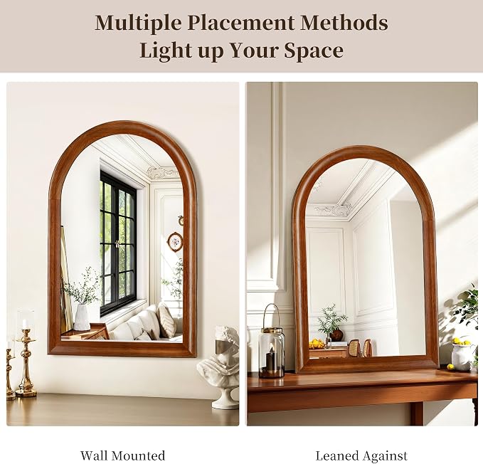 Tanmicoshomy Arched Bathroom Mirrors for Wall 20x30 Inch,Rustic Wood Wall Mirrors with Tempered Glass for Living Room, Bedroom or Entryway(Brown)