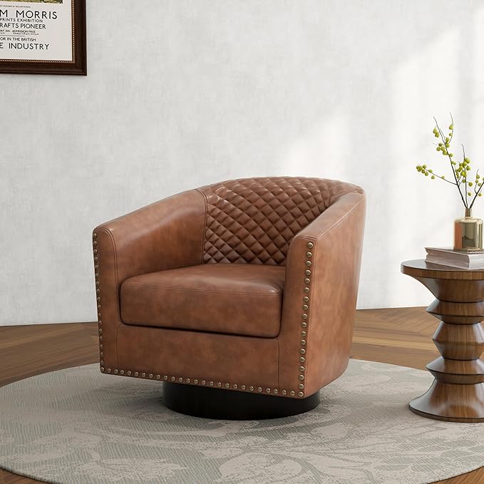 Swivel Barrel Accent Chair, Comfy Modern Upholstered Round Faux Leather Arm Chair for Living Room, Bedroom(Brown, Set of 4
