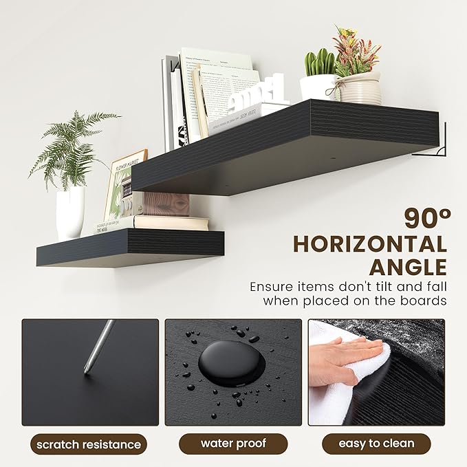 12 Inch Deep Floating Shelves | 36 Inch Black Floating Shelves | 36" W x 12" D Rustic Wood Shelves for Wall | Deep Black Shelves for Living Room Bathroom Laundry Room Kitchen