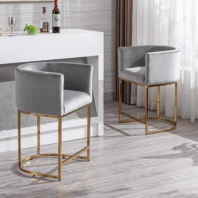 Contemporary Grey Velvet Bar Stools Set of 4, 24" Upholstered Fabric Counter Height Barstools Kitchen Counter Island Stools with Screwed Together Golden Metal Base