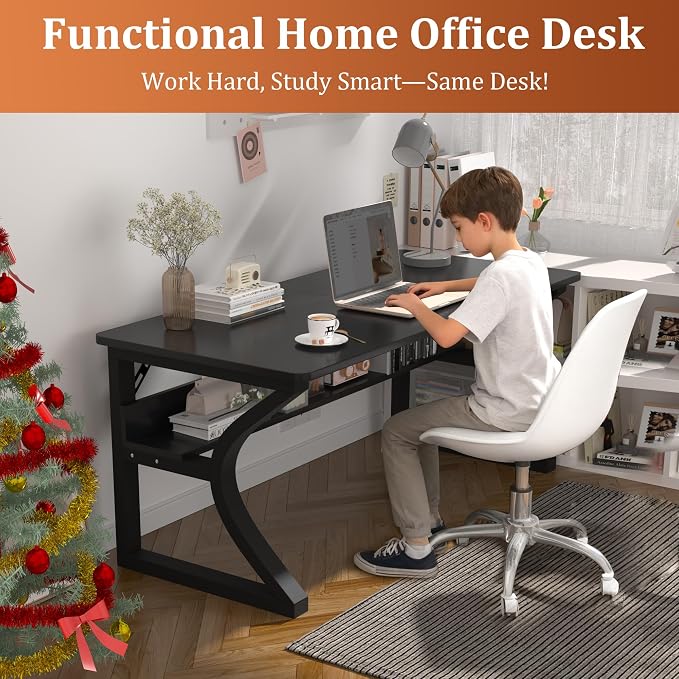 AZN Computer Desk, 47x24 in Computer Desk, Office Desk w/Storage & U-Size Metal Frame for Home Office Bedroom Gaming, Office Desk w/Water-Resistant, Scratchproof Surface, Black