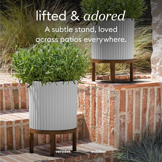Veradek Demi Series Round Planter w/ Stand for Porch/Patio | Durable Plastic-Concrete & Wooden Stand | Modern Décor for Tall Plants, Flowers