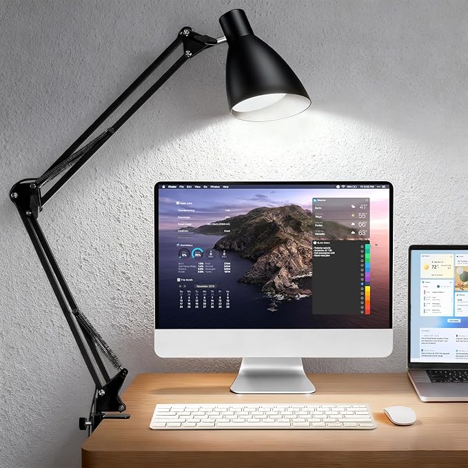 Metal LED Desk Lamp for Home Office, 32" Swing Arm Architect Desk Lamp with Clamp, 5 Color Modes 10 Brightness Task Lamps, Adjustable Gooseneck Clip-on Table Light for Reading Home Work Study, Black