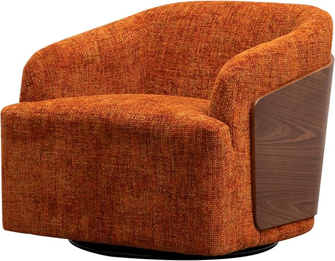 Swivel Accent Chair Linen Swivel Barrel Chair Comfortable Mid Century Modern Chair Upholstered Metal Base Armchair for Living Room Bedroom Office Large Vintage Orange