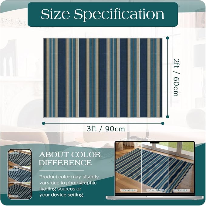 Front Door Mat Outside Entrance - 2x3 Striped Non-Slip Washable Welcome Doormat Indoor Outdoor Entrance Navy Blue Coastal Rug Small Throw Rugs for Entryway Bedroom Kitchen Front Porch Decor