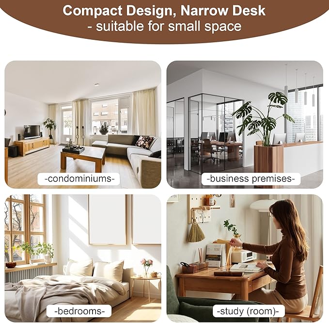 Solid Wooden Desk with Drawers - 39 x 16 Inch Narrow Desks, Rubberwood Mid Century Modern Desks, Small Writing Desk for Bedroom|Small Spaces - Walnut Color