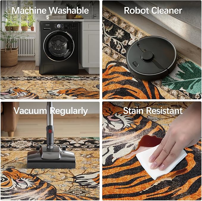 DCX Washable 9x12 Tiger Area Rug, Brown Vintage Animal Rug for Living Room, Soft Low Pile Carpet, Kid & Pet Friendly with Rubber Back Non Slip, Stain Resistant Rug for Bedroom Dining Room Office