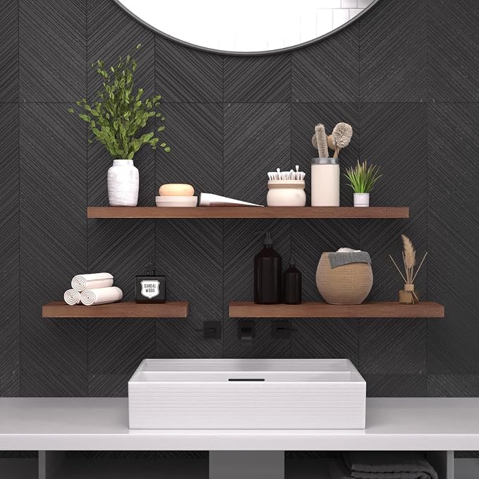 SAUMONIERES Floating Wall Shelves for Bedroom Bathroom Wall Mounted Solid Wood Shelf 24 Inch Set of 3, Walnut Floating Shelves
