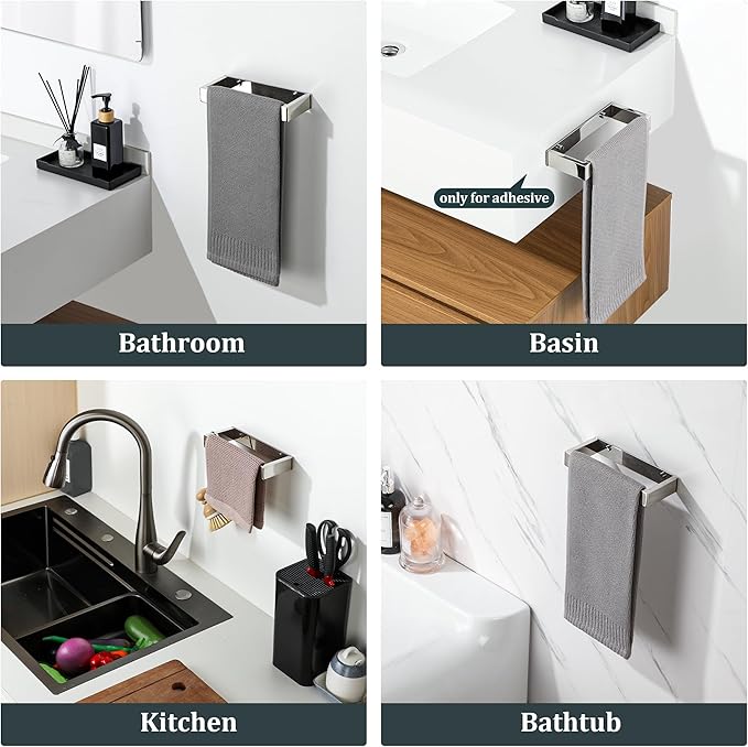 Sayayo Chrome Towel Bar for Bathroom Wall, 8 Inch Hand Towel Holder, Screw or Self Adhesive Towel Ring Square SUS304 Stainless Steel, 3.2 Inch Wider Design