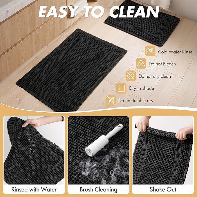 MIULEE Set of 2 Waffle Bathroom Rugs, Boho Bath Rug Super Absorbent, Non Slip Washable Ultra Soft Rubber Backed Shower Bath Mats for Floor, Tub, Shower, Looped Design, Black, 18x30 Inch