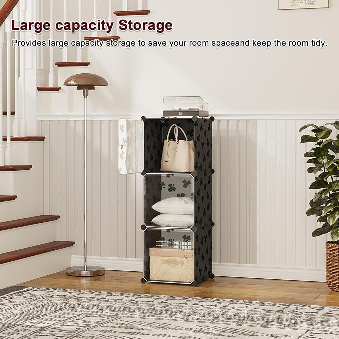 C&AHOME Cube Storage Organizer with Doors, 3-Cube Shelves, DIY Plastic Modular Bookshelf, Closet Clothes Storage Shelving Ideal for Bedroom, Living Room, Clover Embossed, Black