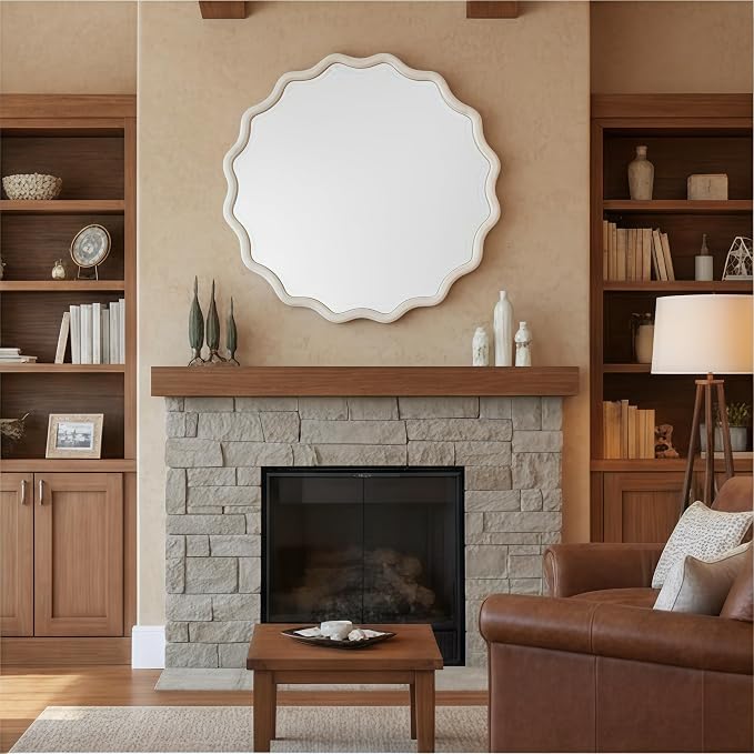 36 Inch Wooden Wavy Round Wall Mirror, Modern Solid Wood Frame Circle Decorative Accent Mirror for Bedroom, Bathroom, Living Room, Entryway, White