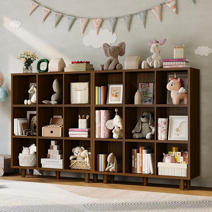 Takywep 9 Tier Mid-Century Modern Bookshelf, Rustic Brown Wood Cube Storage Organizer with Wood & Anti-Tipping Legs, Retro Open Bookcase Display Shelf for Living Room, Home Office, Bedroom