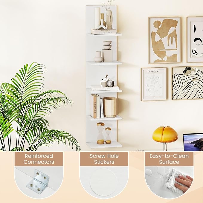 LOKO 5-Tier Wall Shelf, Vertical Column Storage Organizer with Expansion Screws, Decorative Wall Mounted Shelving, Floating Wooden Display Shelf for Living Room, Kitchen, Bathroom (1,White)