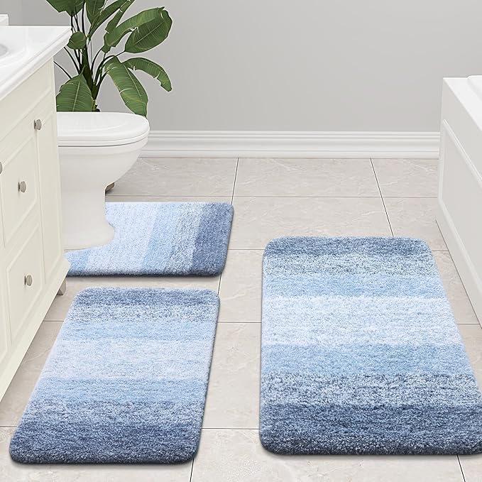 Arotive Microfiber Bathroom Rugs, Shaggy Soft and Absorbent Contour Toilet Rugs, Non-Slip, Thick Plush Machine Washable Dry Bath Mats for Toilet Base, 24x20, Light Blue, U-Shape