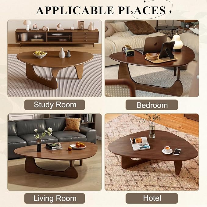Solid Wood Triangle Coffee Table,Unique Mid Century Modern Oval Coffee Table,Irregular Geometric Tea Tables for Home Living Room with Wooden Tabletop and Reinforced Legs Walnut 50" L x 31" W x 16" H