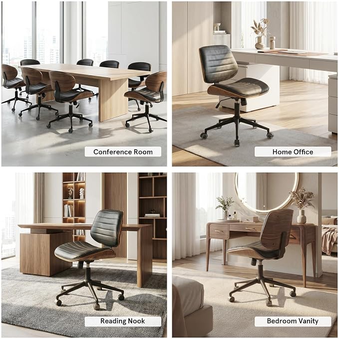 Sytopia Small Desk Chair for Home Office, Adjustable Height Swivel Armless Office Chair No Arms, Mid Century Modern Chair with Wheels, Walnut Wooden Sturdy Furniture, Easy Assembly, Vintage Black