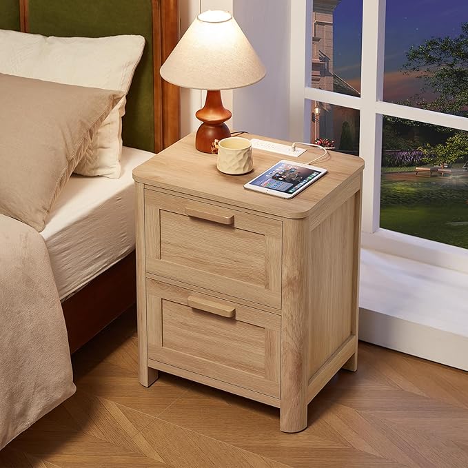 Farmhouse Nightstand Set of 2 with Charging Station, End Tables Bedroom with 2 Large Drawers & 4 Thickened Table Legs, Natural Wood